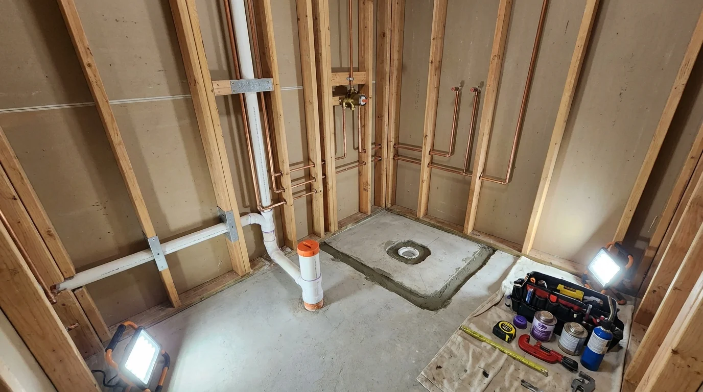 Bathroom rough-in plumbing during remodel by Johns Plumbing LLC in Lamar