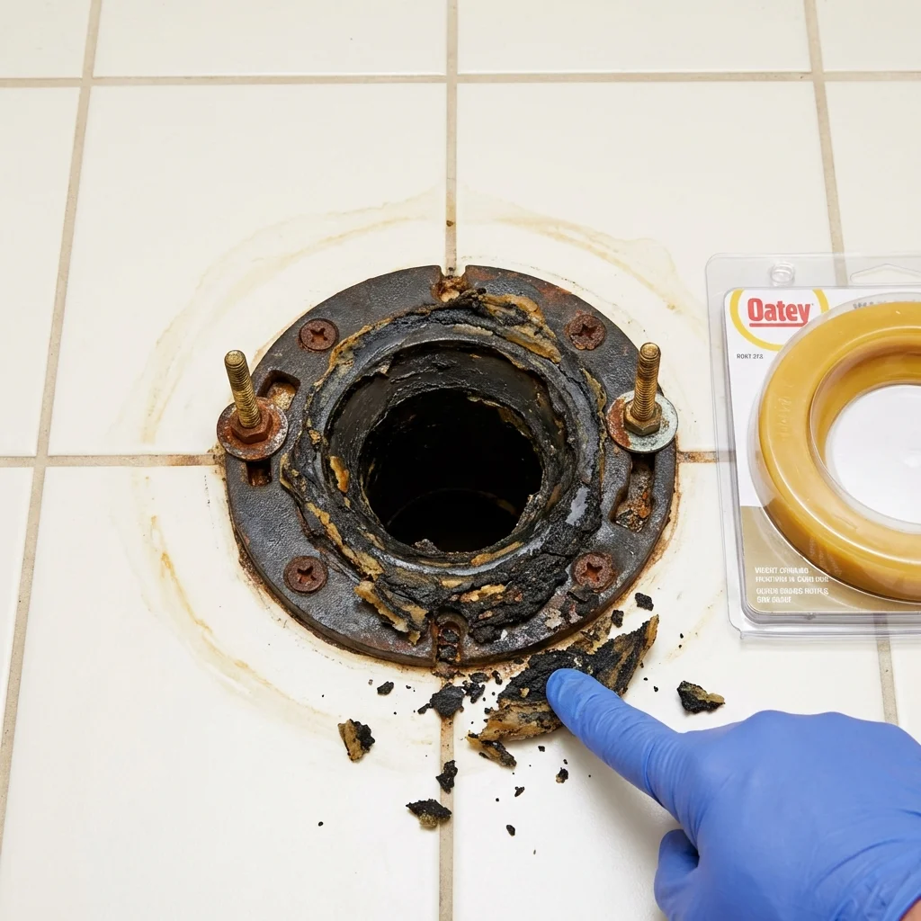 Failed wax ring showing water seepage at the base of a toilet in a Lamar, MO home