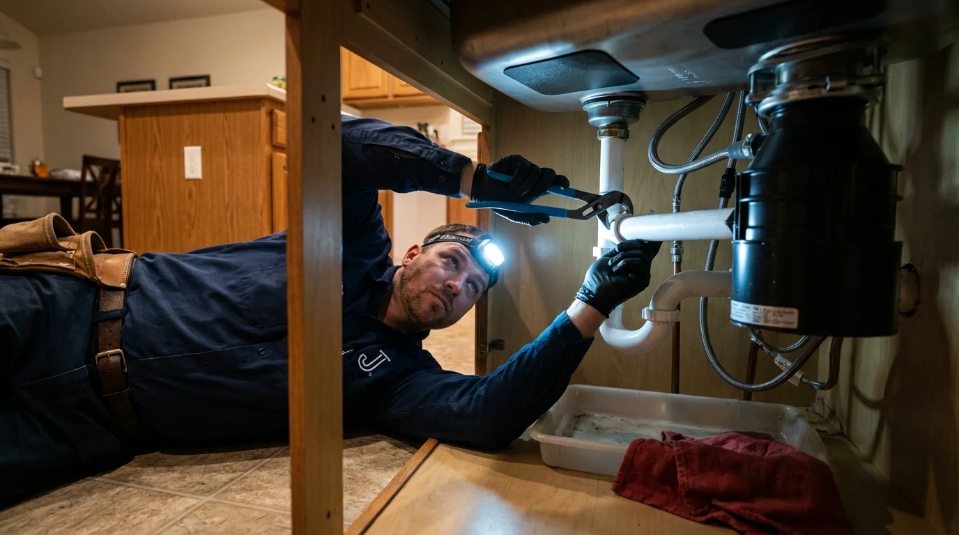 P-trap and supply line connections under a kitchen sink showing a common leak point in Lamar, MO